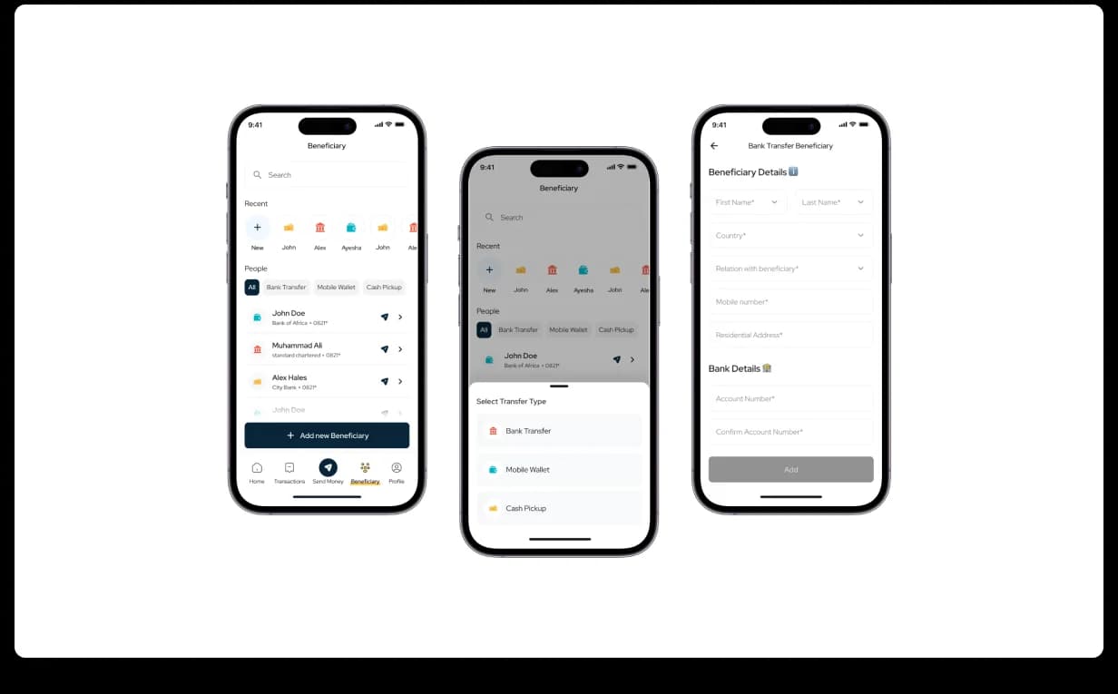 HomeRemitt beneficiaries, list of saved recipients, a select-transfer-type sheet (bank transfer, mobile wallet, cash pickup), and an add-beneficiary bank-details form