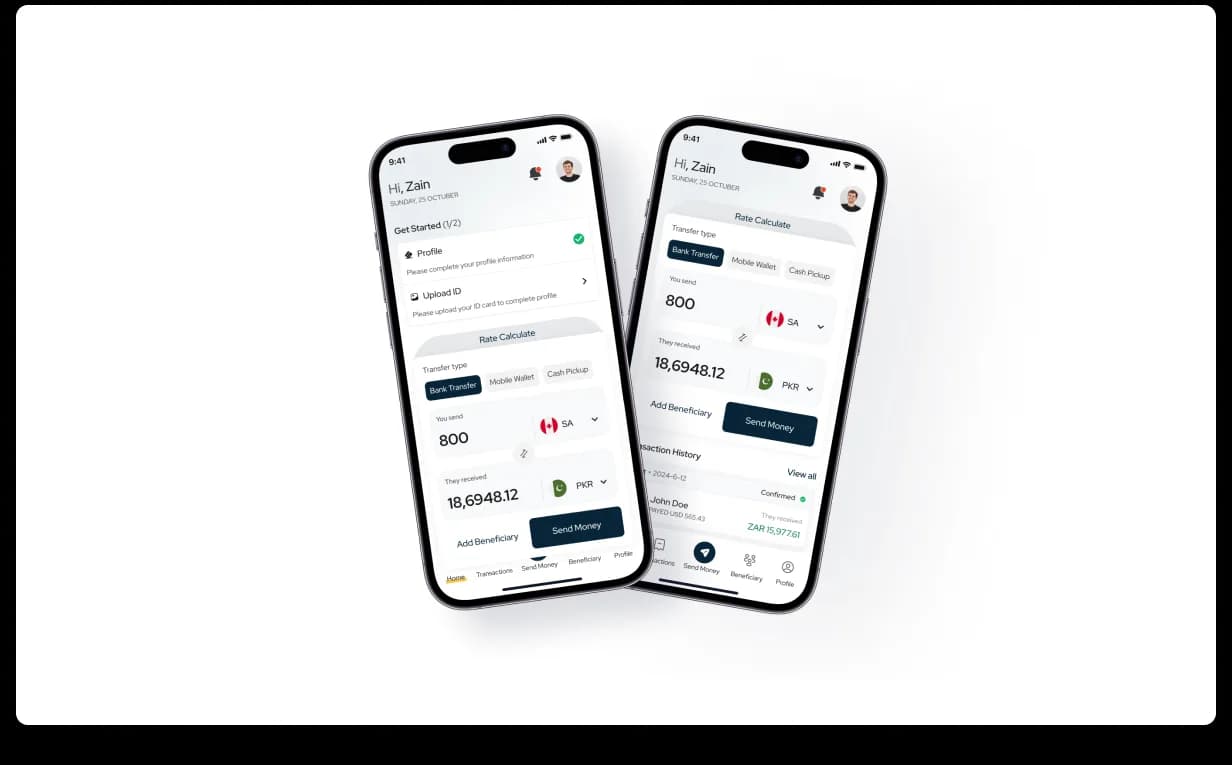 HomeRemitt customer home screen, calculator-led balance and send surface with recent transactions and transfer types