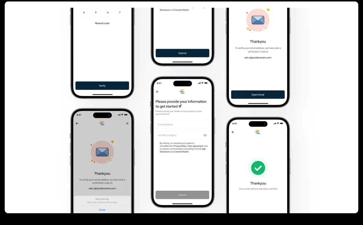 HomeRemitt registration flow, minimal-field signup and verification across multiple screens with a deferred profile-completion prompt