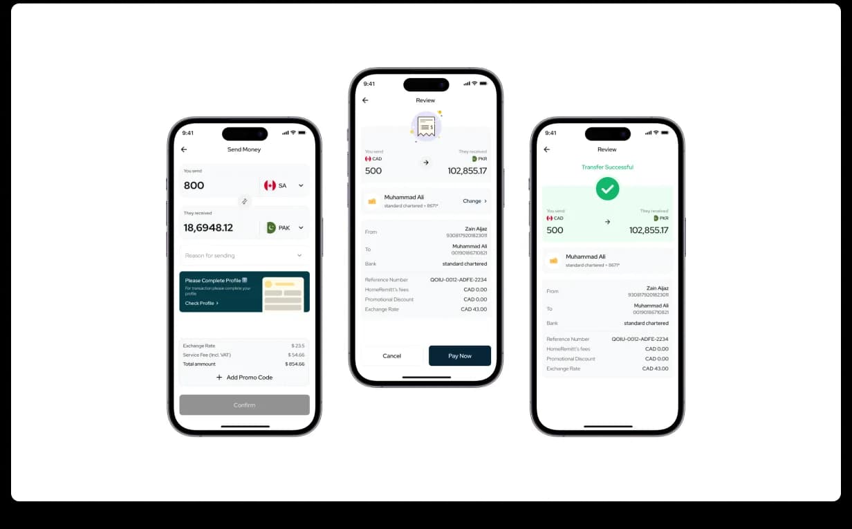HomeRemitt send-money flow, amount entry with live currency preview, review with transparent fee breakdown, and a transfer-successful confirmation