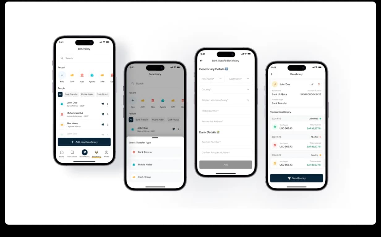 HomeRemitt transactions, complete history with pending, terminated and canceled filters and stacked cards showing recipient, amount, type and status