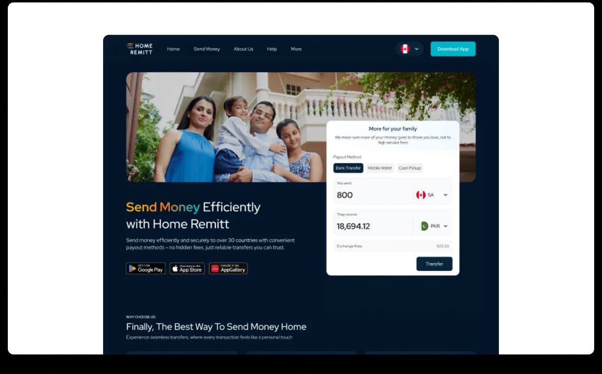 HomeRemitt marketing site homepage, a live rate-calculator hero (ZAR in, recipient currency out), with the research-led country-aware layout beneath