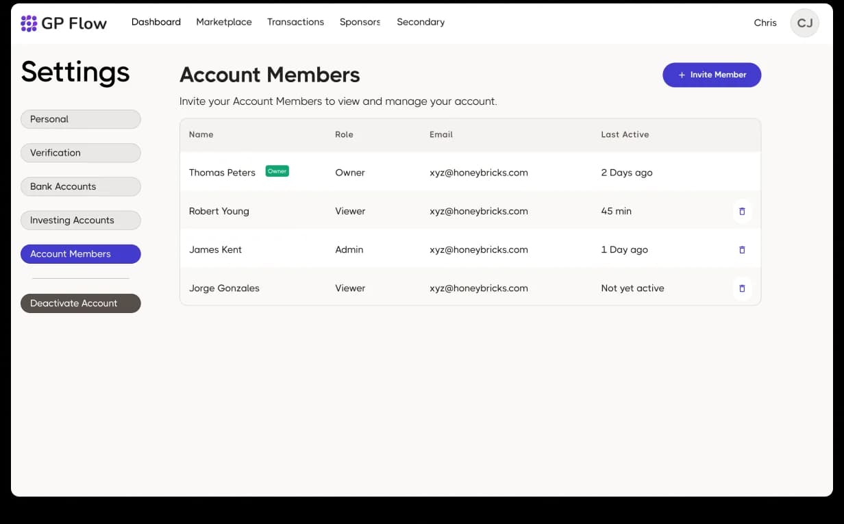 GP Flow Settings · Account Members. Account Members table with Name / Role / Email / Last Active columns, Owner / Admin / Viewer roles, Thomas Peters as Account Owner with Owner pill, Robert Young as Viewer, James Kent as Admin, Jorge Gonzales as Viewer with delete icons on non-owner rows, plus a top-right + Invite Member CTA