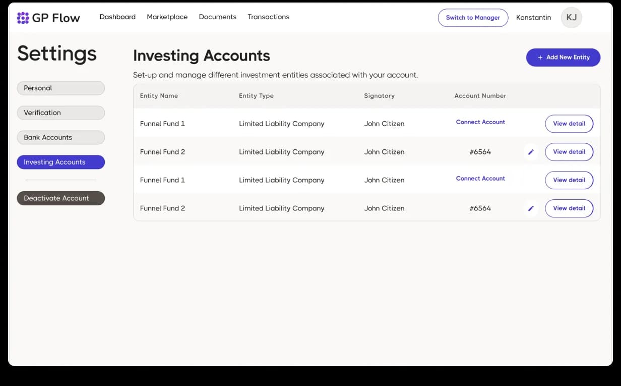 GP Flow Settings · Investing Accounts, left rail nav (Personal · Verification · Bank Accounts · Investing Accounts · Deactivate Account), Investing Accounts table with Name / Entity Type / Signatory / Account Number / View detail columns, listing Chris Johnson (Individual), Funnel Fund 1/2/3 (Limited Liability Company), each row showing either a Connect Account link or an account number with edit pencil, plus a top-right + Add New Entity CTA