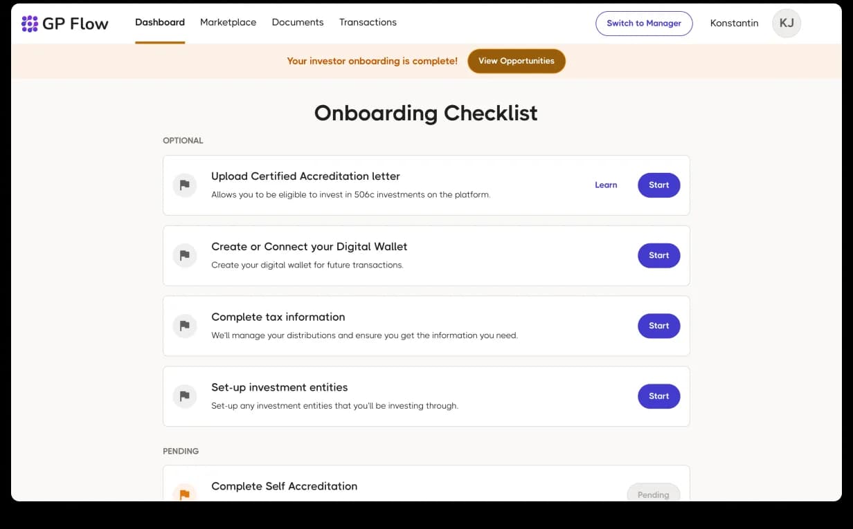 GP Flow Onboarding Checklist, orange ‘Your investor onboarding is complete!’ banner with a View Opportunities CTA, then an Optional list of cards (Upload Certified Accreditation Letter, Create or Connect your Digital Wallet, Complete tax information, Set-up investment entities) each with a Start CTA, plus a Pending section below