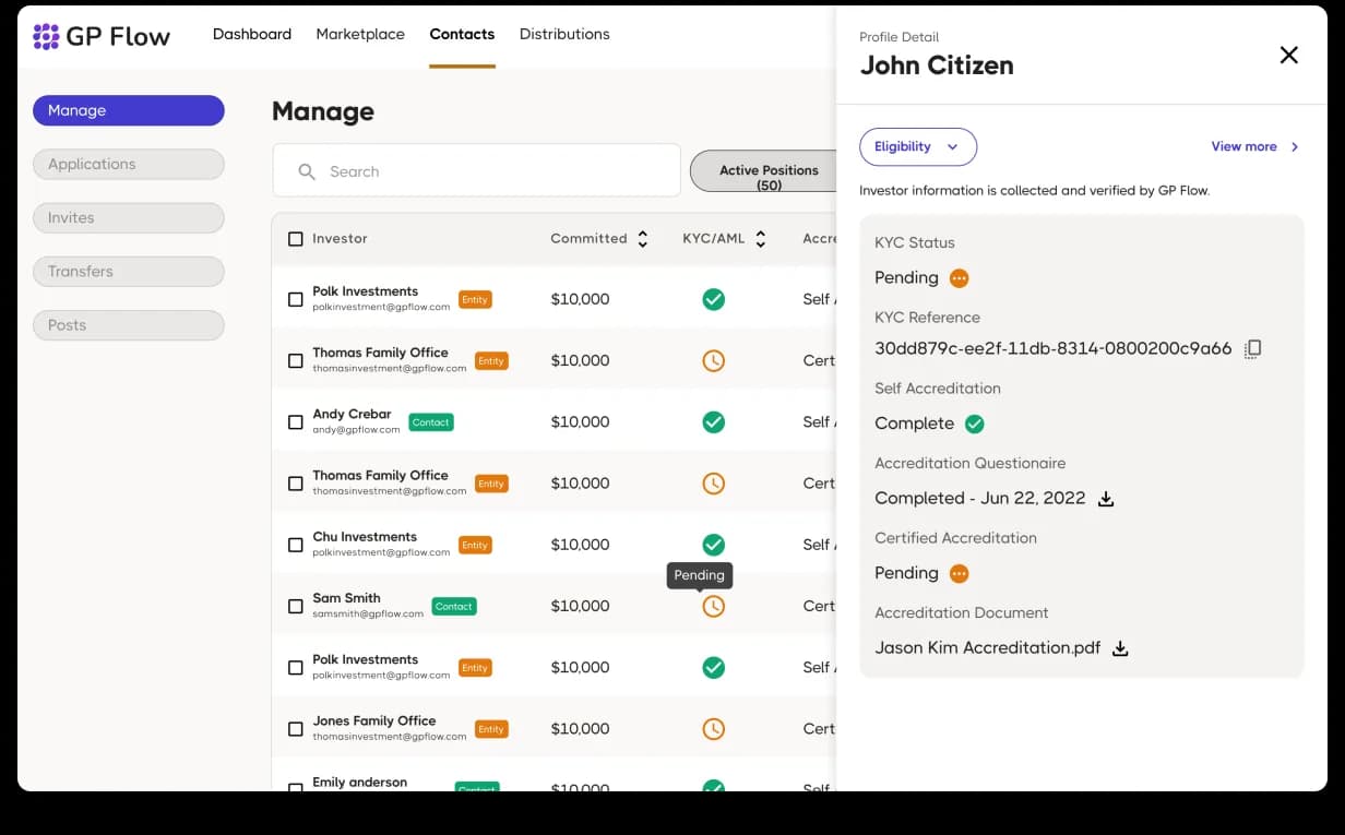 GP Flow Sponsor · Manage Investors with contact side panel, investor list on the left, side-panel detail on the right with profile, activity history, allocations, and notes, shareable URL for each contact, no overlay