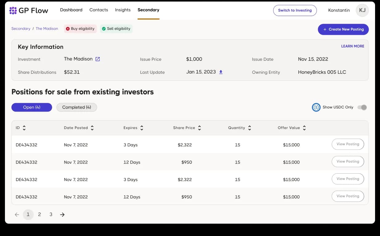 GP Flow Secondary Market. Secondary / The Madison breadcrumb, Buy eligibility (red dot) and Sell eligibility (green dot) pills, Key Information panel (Investment: The Madison, Issue Price $1,000, Issue Date Nov 15 2022, Share Distributions $52.31, Last Update Jan 15 2023, Owning Entity HoneyBricks 005 LLC), 'Positions for sale from existing investors' section with Open (4) / Completed (4) tabs, Show USDC Only toggle, and a sortable Postings table (ID, Date Posted, Expires, Share Price, Quantity, Offer Value, View Posting)
