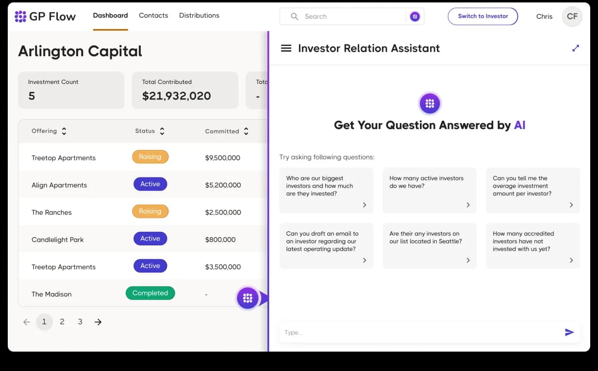 GP Flow Smart Search and AI Assistance, sponsor's offerings table on the left (Treetop Apartments / Align Apartments / The Ranches / Candlelight Park / The Madison) with Status pills (Raising, Active, Completed) and Committed amounts; Investor Relation Assistant chat panel on the right answering 'Who are our biggest investors and how much are they invested?' with Kelly Group $725,000, James Sinclair $500,000, Kate Middleditch $450,000, plus an offer to outline the top 10