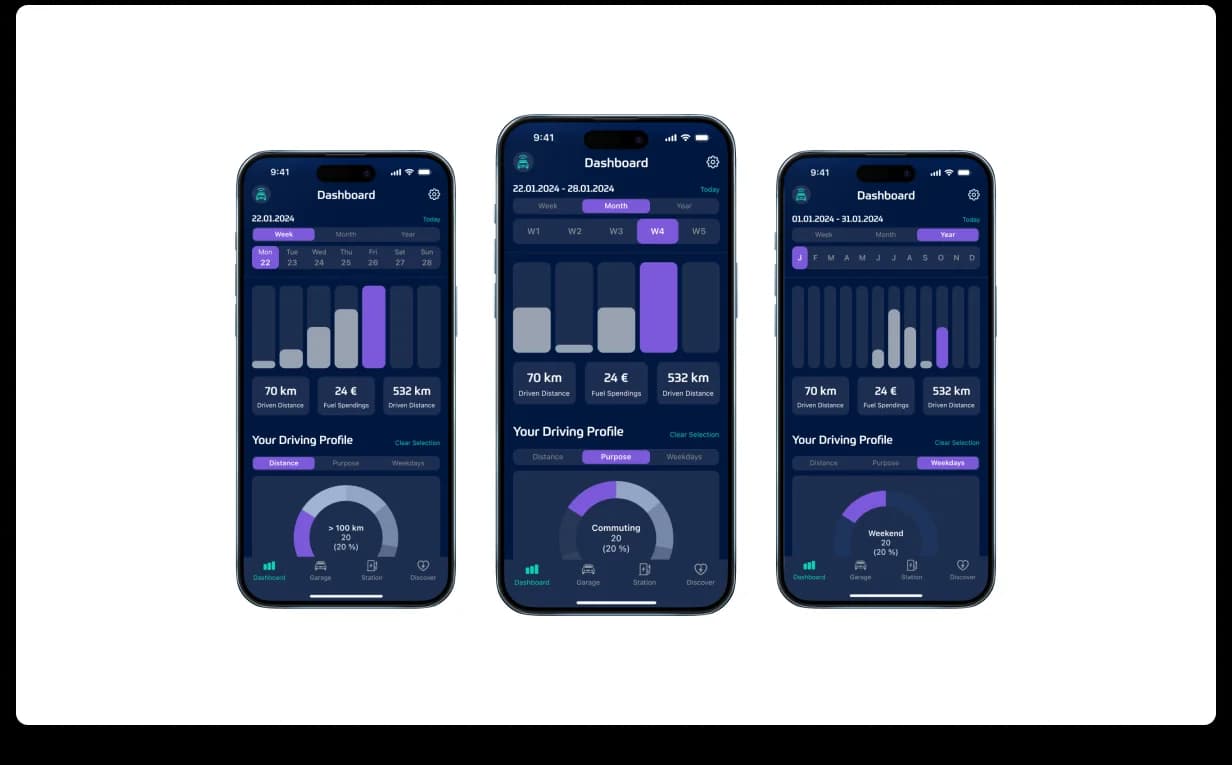Lity Dashboard in three time scales. Week, Month, and Year toggles showing the same driving data through different lenses