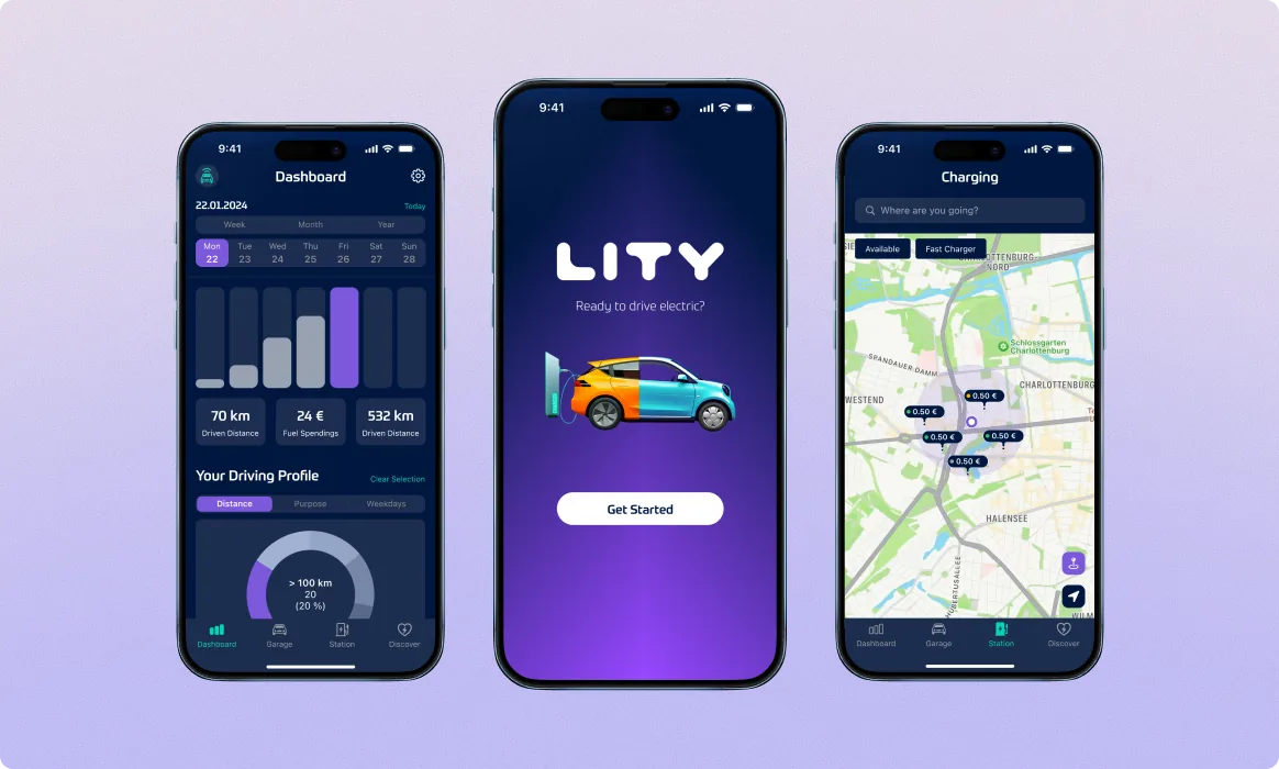 Lity onboarding, the redesigned dashboard, a “Ready to drive electric? Get Started” welcome screen, and the charging map with contextual permissions