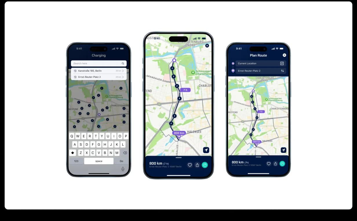 Lity Stations module, three phones showing destination search input, the live route map with charging stops, and the route planner summary with EV-aware navigation