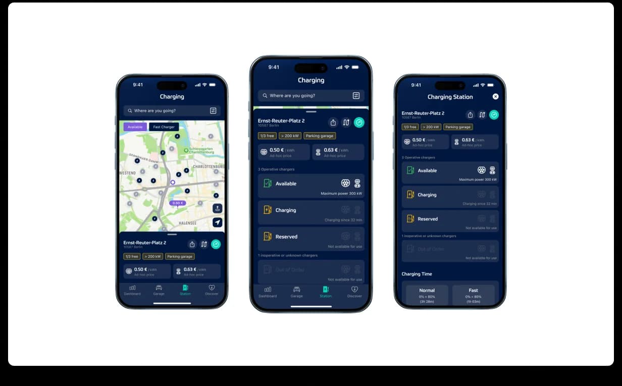 Lity Charging session views, three phones showing the live charging map with station pins, station detail page with availability and pricing, and an in-progress charging session