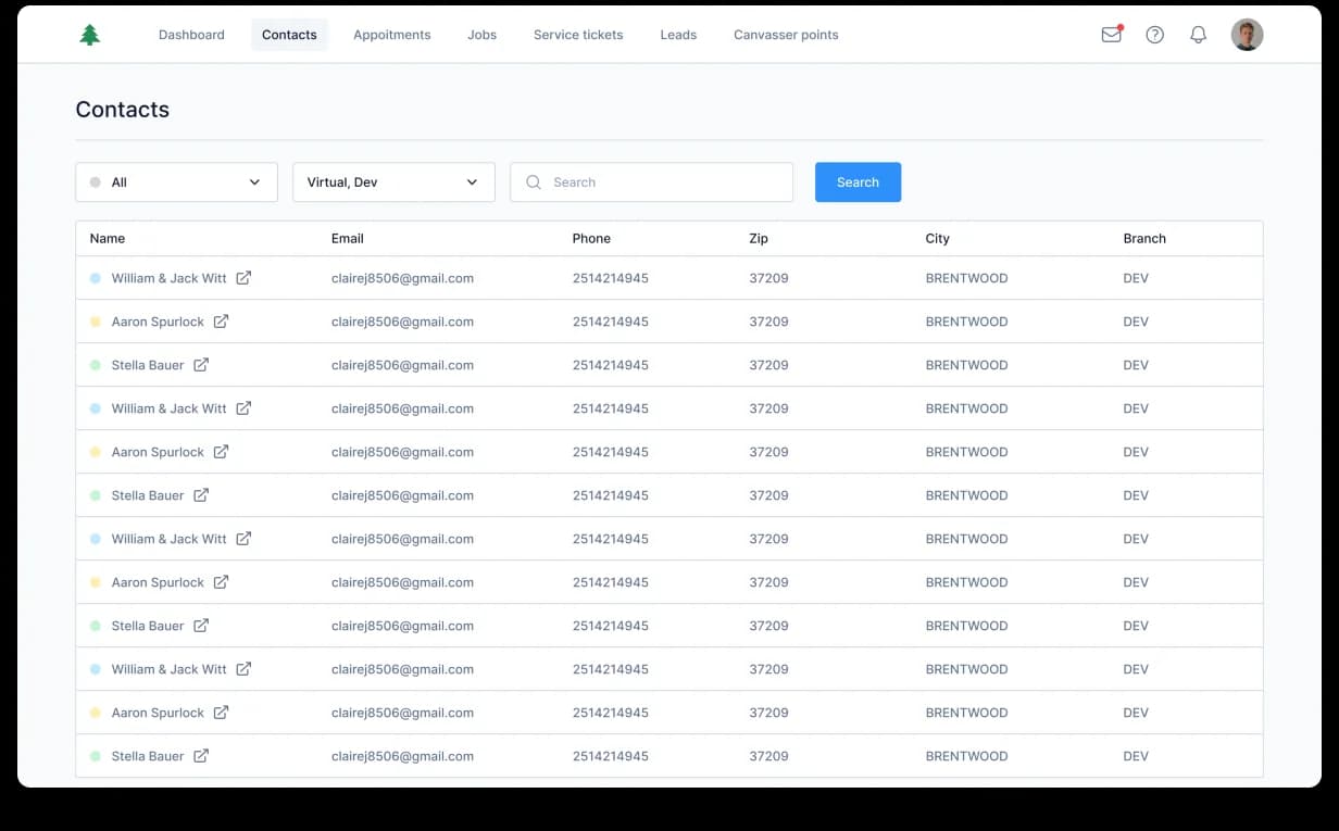 Midtown CRM Contacts module, searchable, filterable directory with Name, Email, Phone, Zip, City, Branch columns and lead-status indicators