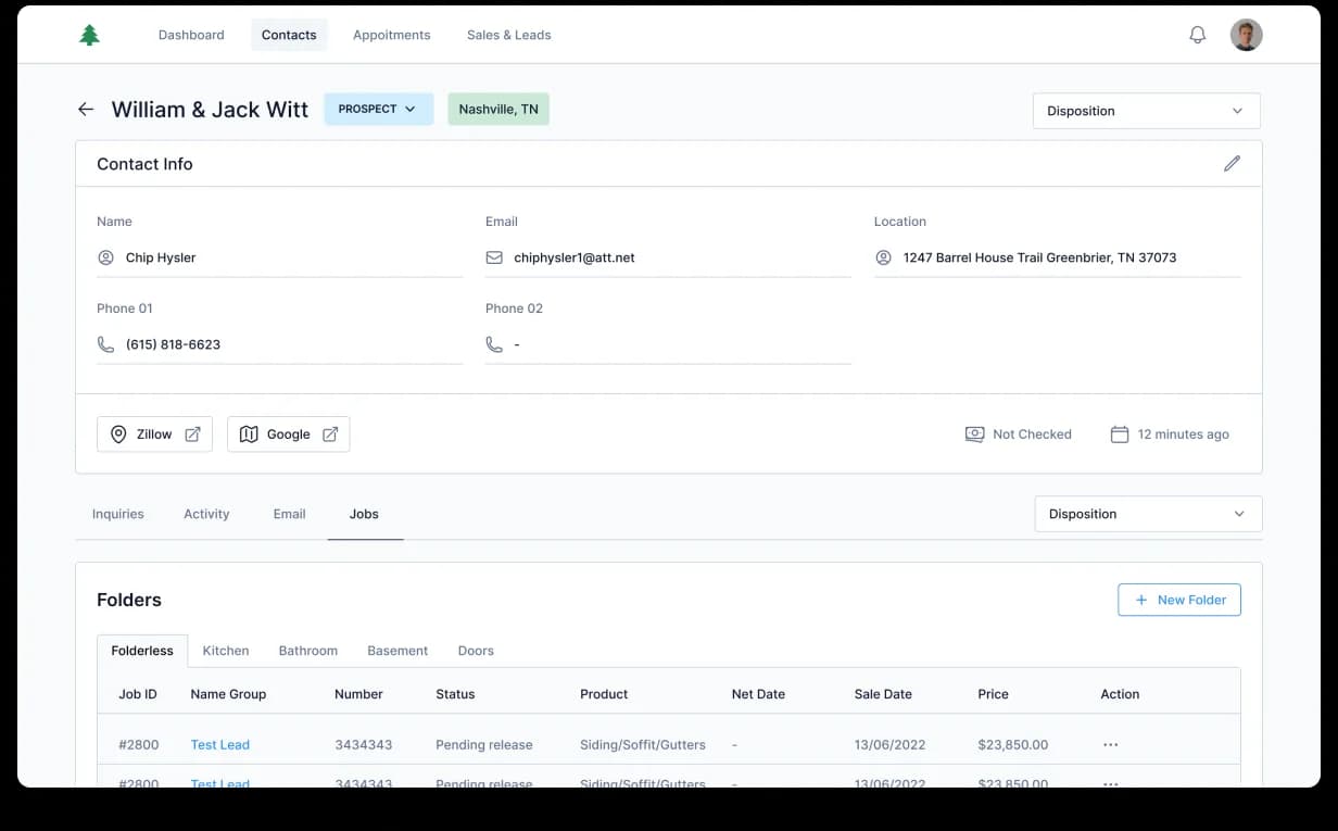 Midtown CRM Contact detail, full record including contact info, Zillow + Google location, disposition dropdown, and tabbed inquiries / activity / email / jobs history with folder-organized job views by product line