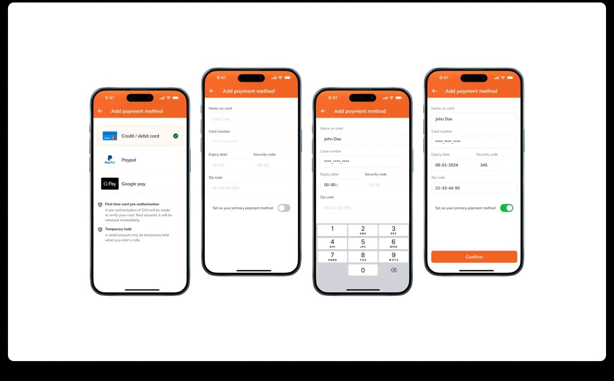 Neuron input fields. Material-design-aligned input components shown across four Add Payment Method screens, demonstrating consistent label, validation, and entry patterns