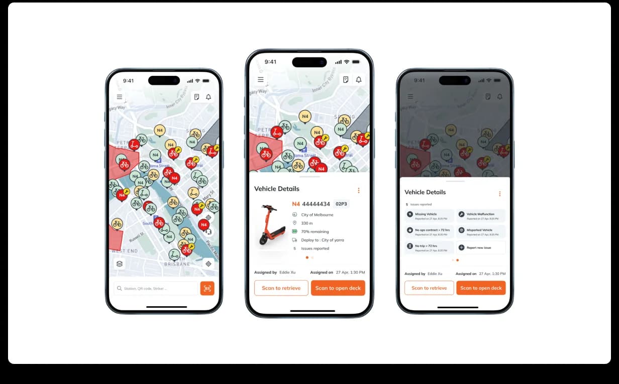 Neuron operator app, three phones showing the dense fleet map view with operator-specific pins, the vehicle detail with maintenance actions, and an alternate operator detail layout