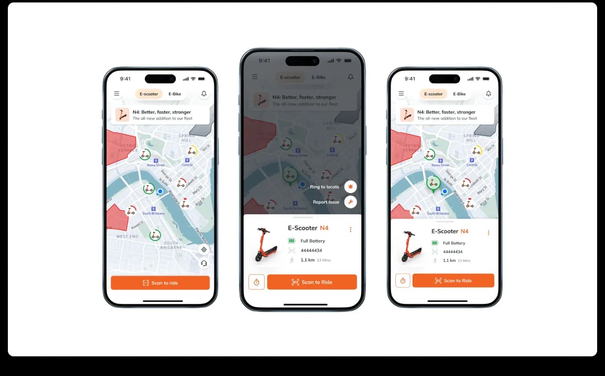 Neuron rider app, three phones showing the home map with a scooter selected, the vehicle detail bottom sheet, and an alternate detail layout for ride start
