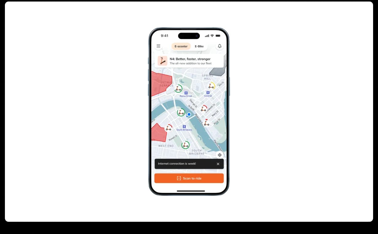 Neuron snackbar feedback, floating message at the bottom of the rider home map screen, non-intrusive with an explicit close affordance