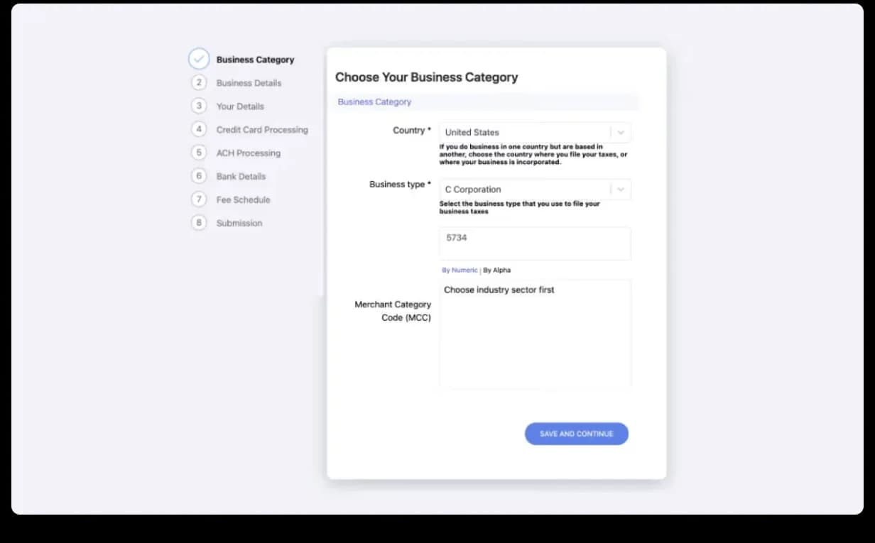 Old PayEngine onboarding, long monolithic form with poor progress indication and unclear next steps