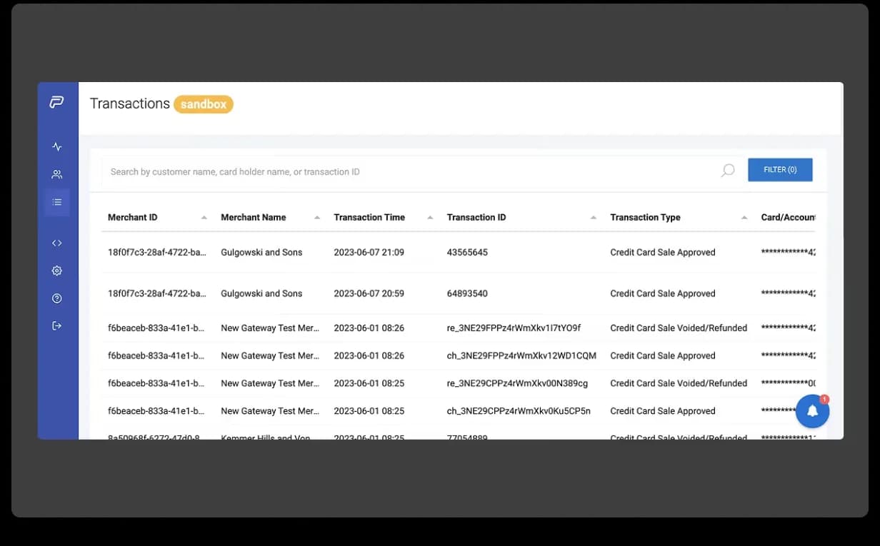 Old PayEngine transactions table, dense columns with low contrast status indicators and limited inline actions