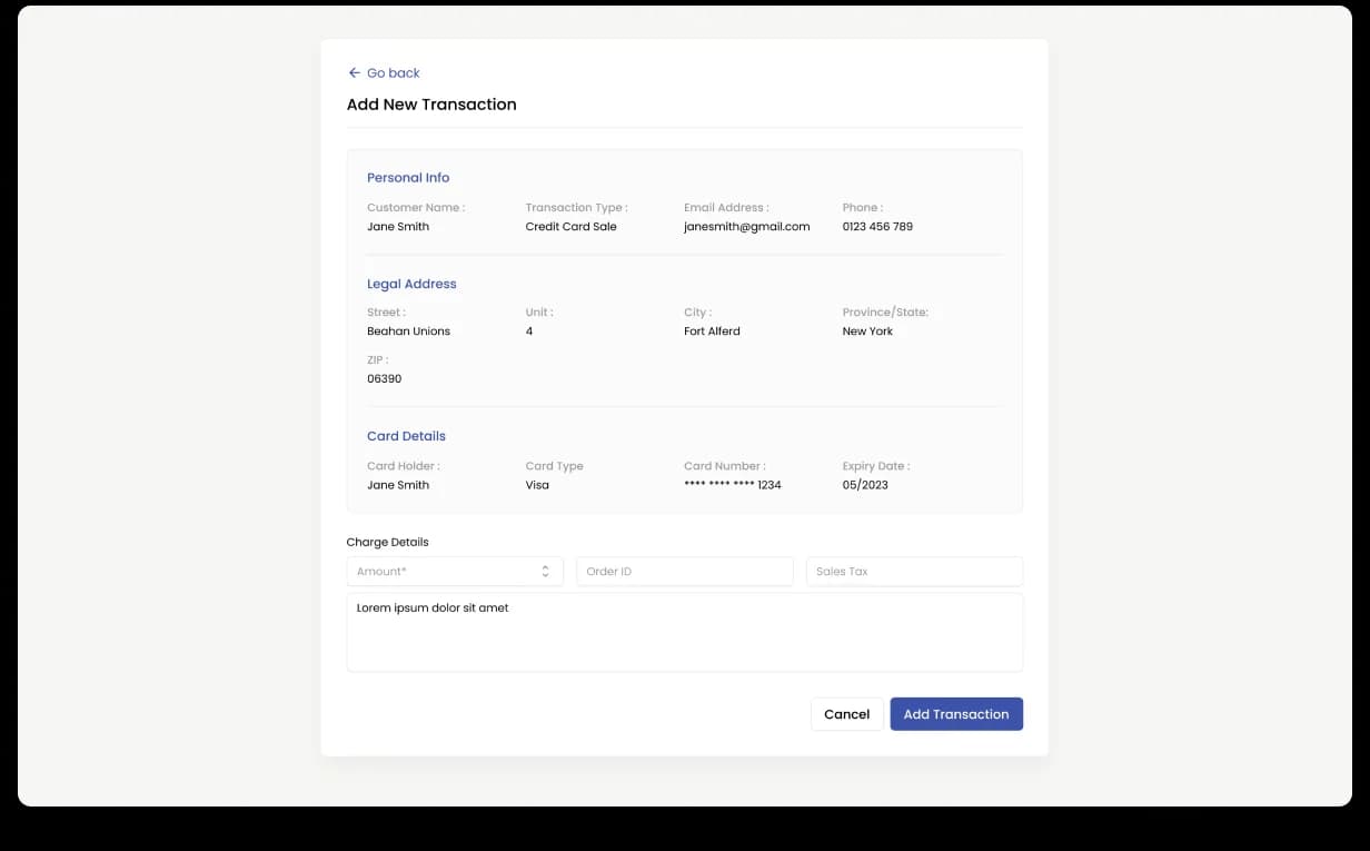 PayEngine Add Transaction, modal flow for creating a new transaction with merchant, method, amount, and processor selection in a single focused dialog