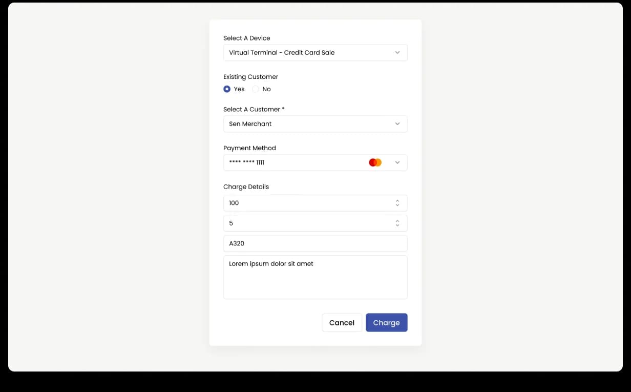 PayEngine Charge, focused amount-charging surface with clean numeric input, currency selection, and processor route preview