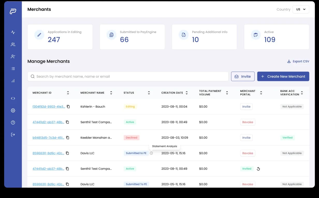 PayEngine Merchants, a redesigned merchant directory shown during the 7-day demo with logos, status pills, processor and risk indicators in a clean table layout