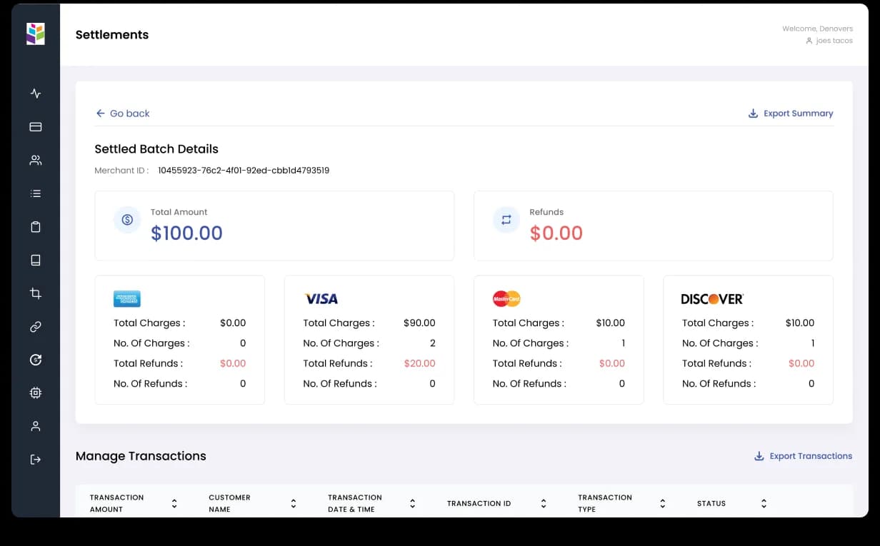 PayEngine Settlements, payouts and settlement runs with batch totals, processor splits, and downloadable reports for finance ops