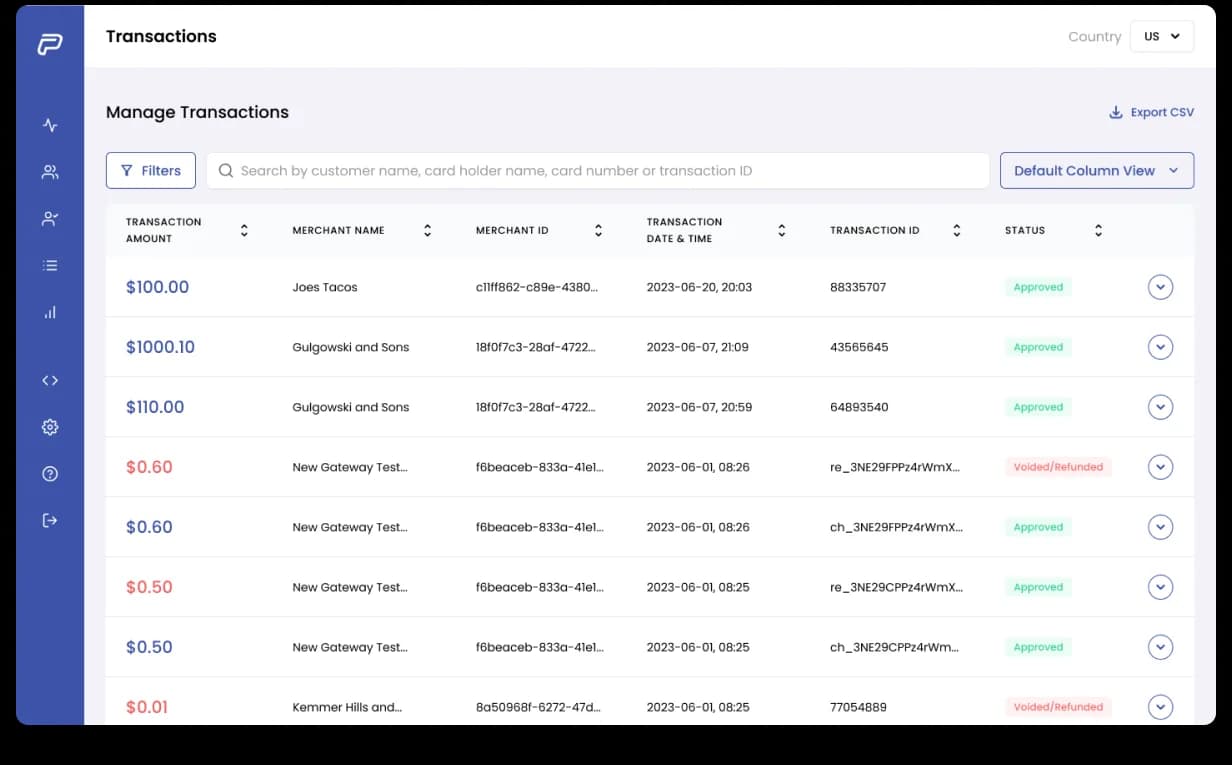 PayEngine Transactions, after the revamp: a modernized table with clear status pills, sortable columns, inline actions, and improved scannability