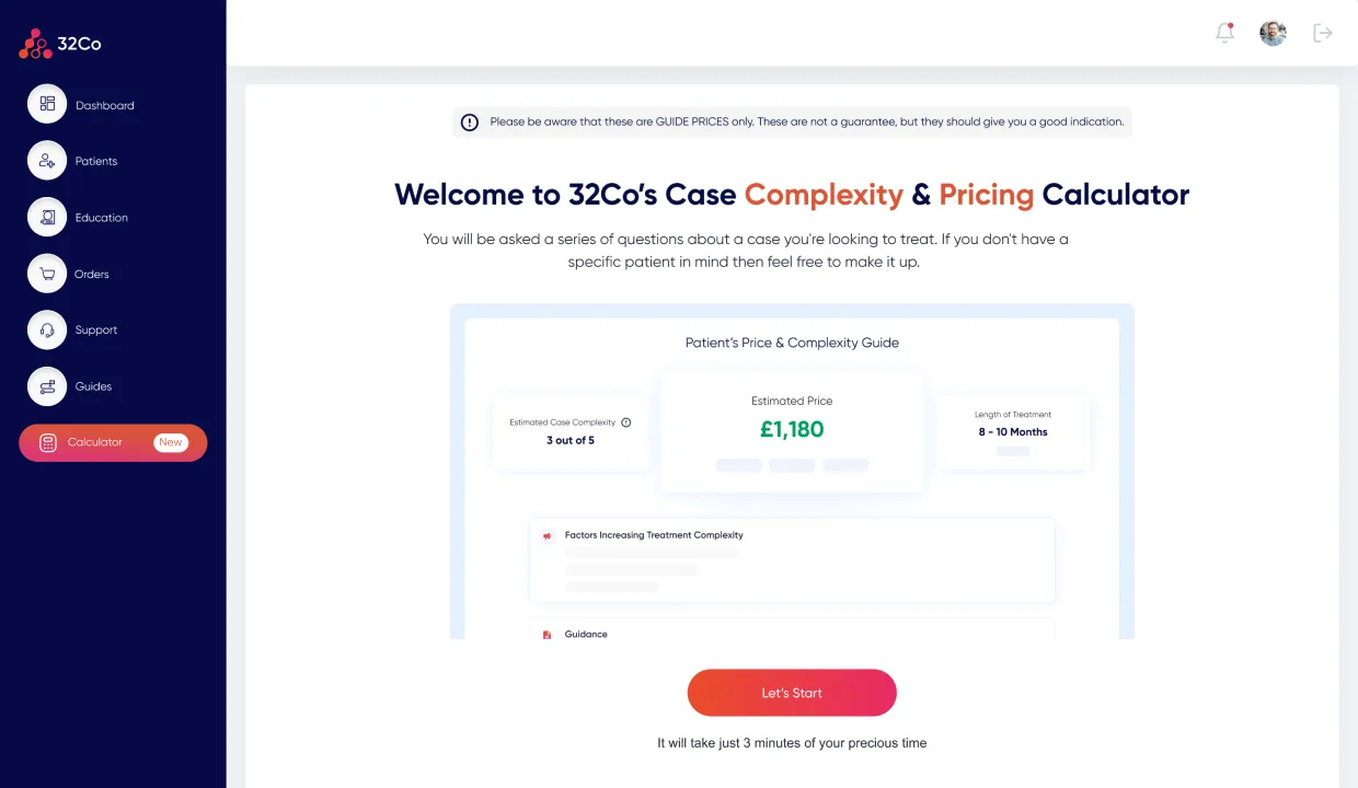32co Case Complexity & Pricing Calculator · welcome screen, 'Welcome to 32Co's Case Complexity & Pricing Calculator' with Complexity and Pricing accented in coral, a preview card showing Estimated Case Complexity 3 out of 5, Estimated Price £1,180, Length of Treatment 8–10 Months, Factors Increasing Treatment Complexity and Guidance sections; coral 'Let's Start' CTA, '3 minutes of your precious time' microcopy