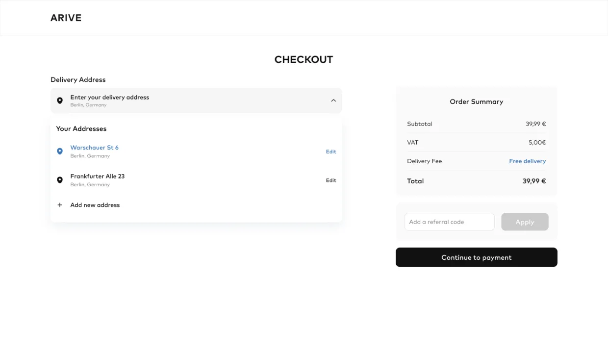 Arive checkout, single linear flow, shipping cost clear, cart in view, address resolves cleanly