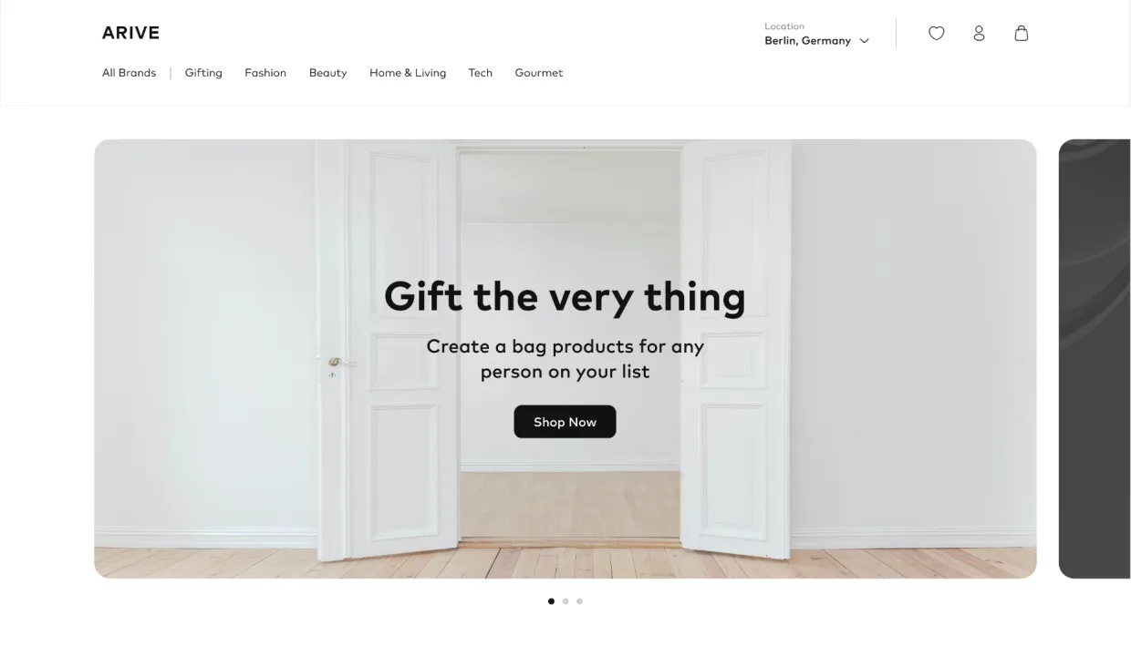 Arive new home page, editorial hero, brand-led rails, magazine-grade composition with breathing room and clear category architecture