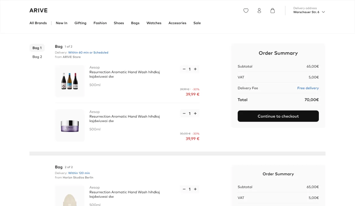 Arive order summary, receipt, delivery window, items, support route cleanly stacked for trust at the moment of confirmation