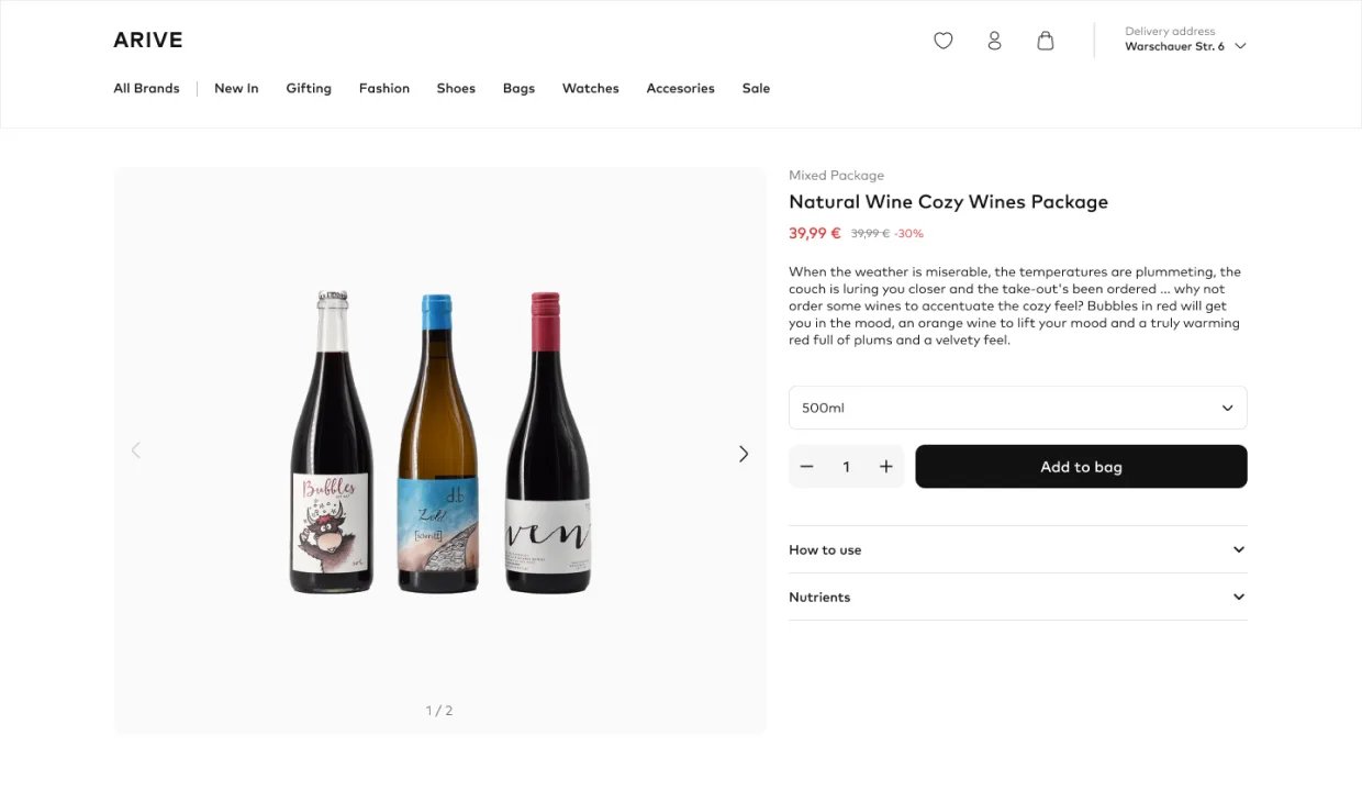 Arive product detail page, gallery hero, persistent buy state, size guidance, two-hour delivery promise, brand context, in-stock signals
