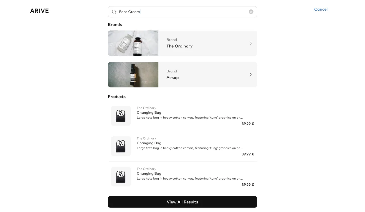 Arive search experience, predictive UI on the left with trending items and previous searches; dual-pane handoff to matching products on the right