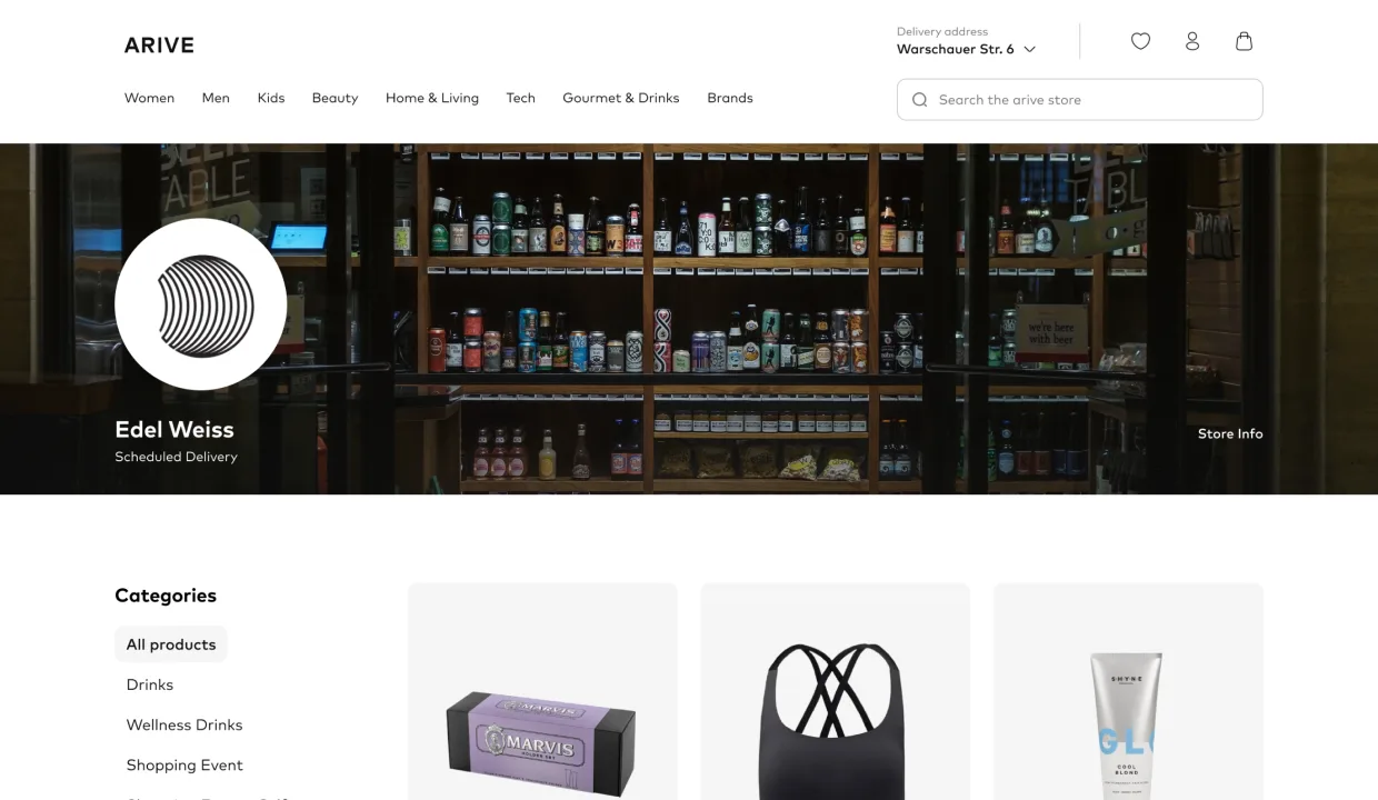 Arive brand store page, premium brand presentation with consistent grid, banner, and product rails