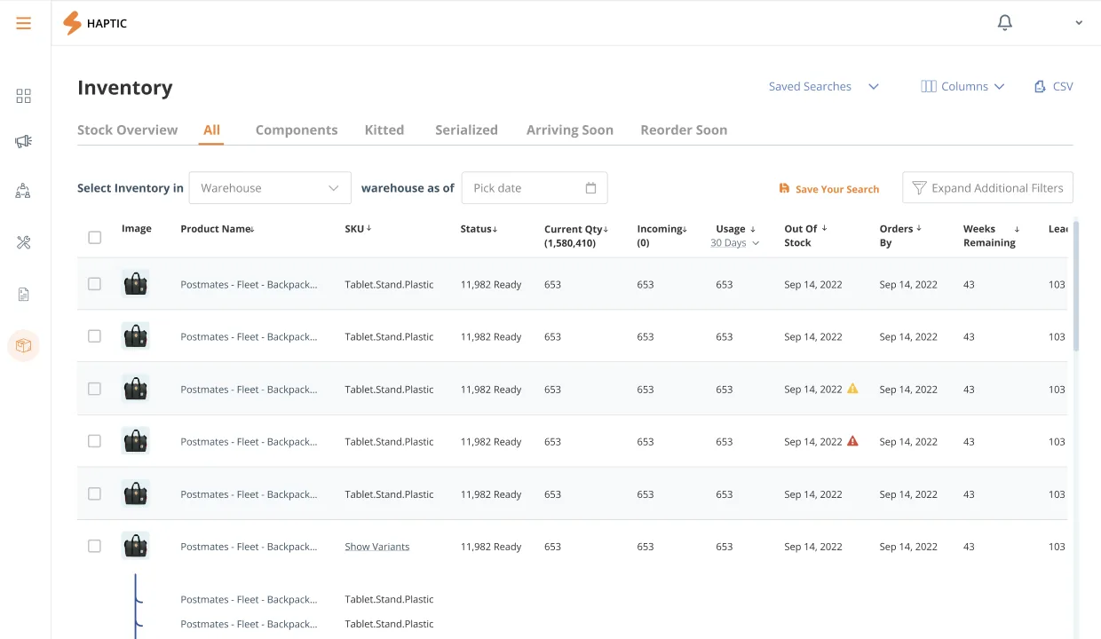 Haptic Inventory, product catalog and warehouse stock, primary view