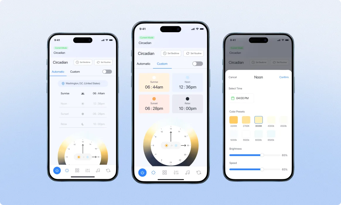 Cleanlife mobile · Customization, three-up phone presentation showing custom scene saving, day-of-week scheduling with timer dial, and a Stops palette: per-bulb hue, brightness, saturation, and stops along the day's lighting curve