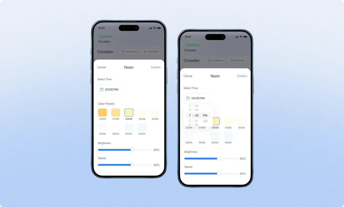 Cleanlife mobile · Scheduled custom scene, three-up phones showing the Custom Scene editor mid-edit, a 24-hour timer dial with stops placed along it, and a per-bulb saturation/brightness palette where each stop carries its own colour curve