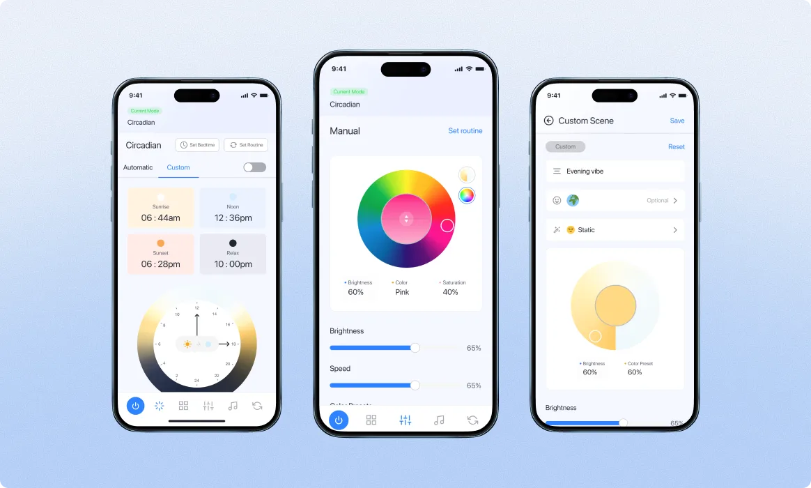 Cleanlife mobile · 3-up presentation, light-bulb control with dimmer ring + on/off, full color-wheel hue picker with brightness/saturation, plus Custom Scene setup with energy-meter card and brightness control