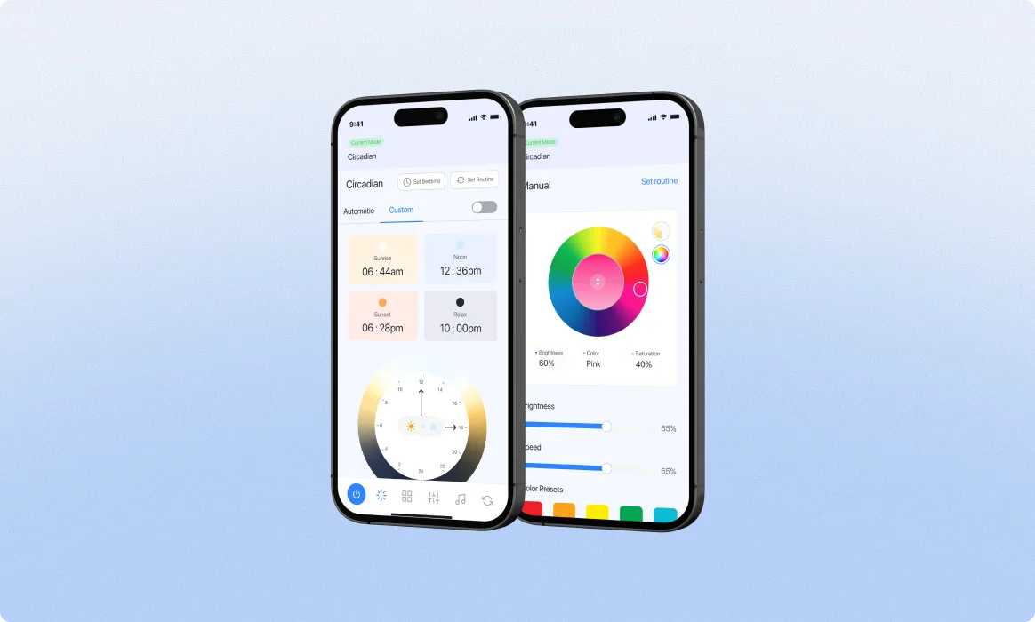 Cleanlife mobile · 2-up phones, left phone with dimmer ring + on/off + scenes shortcut, right phone showing the full color-wheel hue picker with brightness and saturation sliders below, the flagship 'paint your own light' surface
