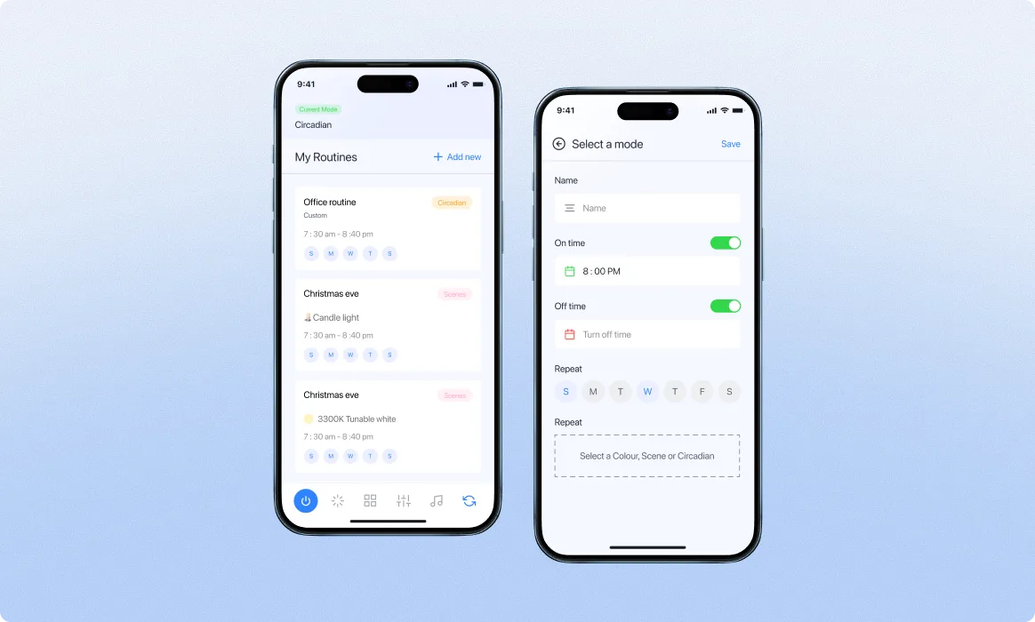 Cleanlife mobile · Routines. My Routines list with timed entries (When sunset / Workout time / It's bedtime) and Add New CTA, plus a Routine creation surface with Name input, time-range selectors, day-of-week toggles (Mon-Sun), Repeat option, and a Select a mode picker