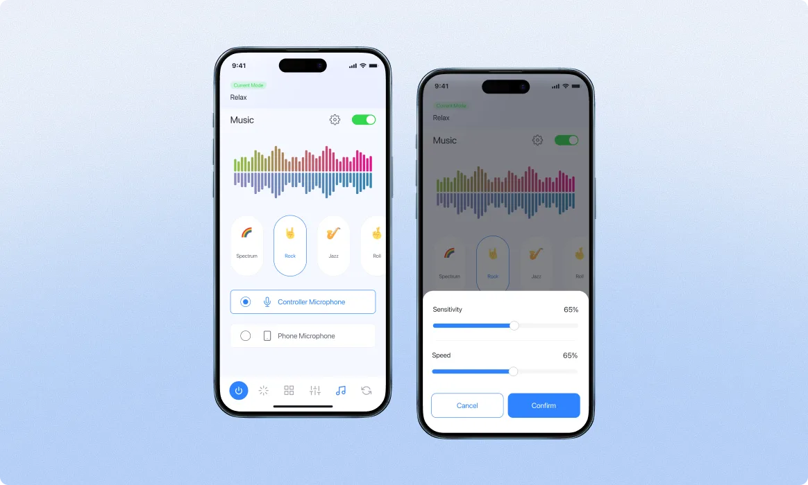 Cleanlife mobile · Music Sync. Disco toggle ON, multicolour audio-waveform visualisation across the screen, mode selector (rotation, single, off), Save Customization CTA, plus a detail surface with brightness/saturation sliders and a Continue bottom-bar action