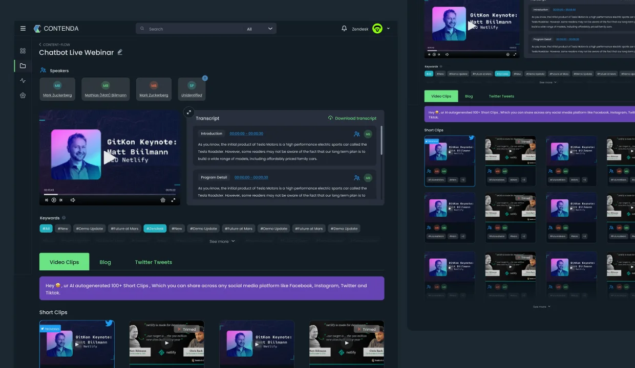 Contenda ContentFlow output view, full transcript with speaker segmentation, highlighted key moments, suggested clip candidates, AI-written blog drafts and tweet threads