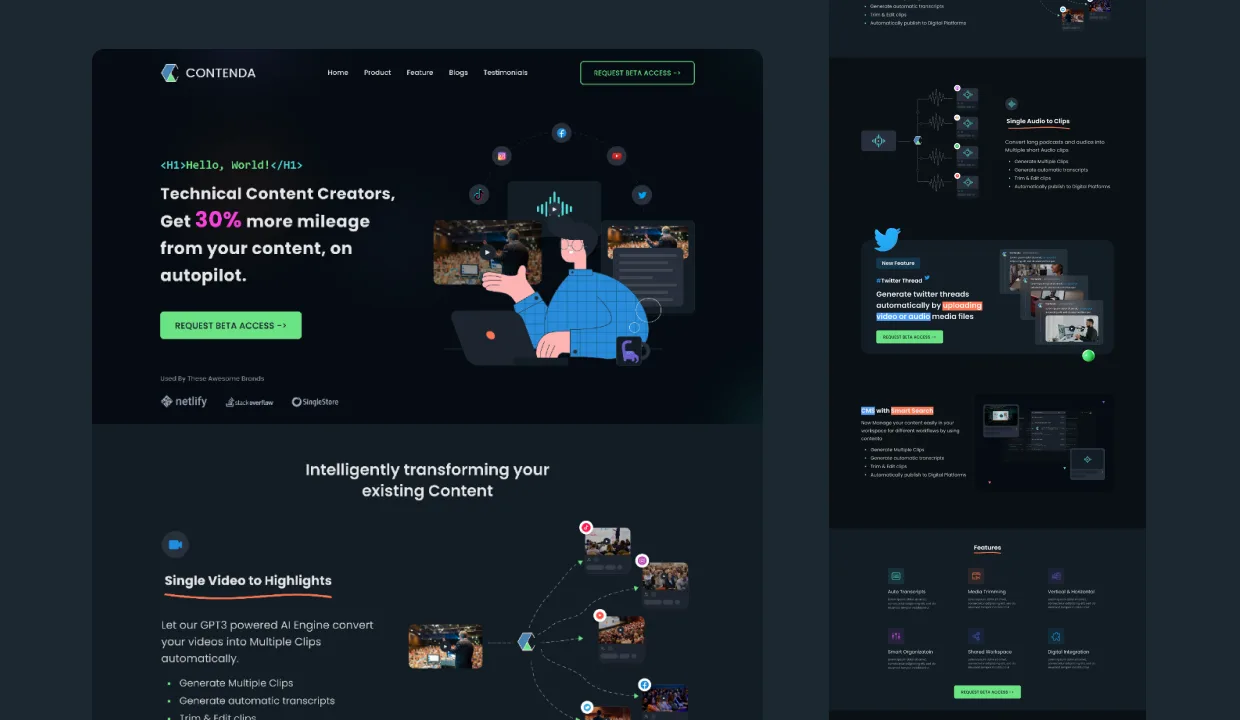 Contenda marketing landing page, product benefits, use cases, video samples, visual walk-throughs designed to convert visitors