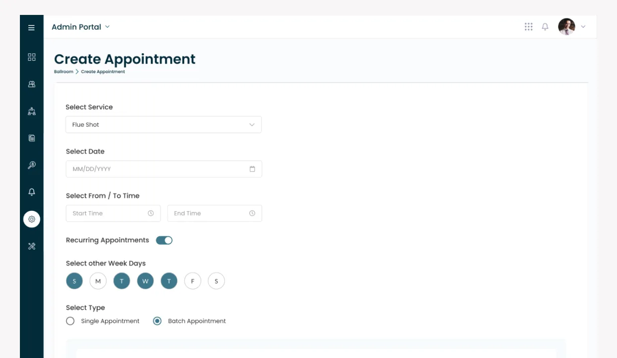 CoVerified Create Appointment form, breadcrumbs Ballroom / Create Appointment, Select Service (Flu Shot), Select Date (MM/DD/YYYY), Select From / To Time (Start Time / End Time), Recurring Appointments toggle on, Select other Week Days (S M T W T F S with S/T/W/T highlighted), Select Type radios (Single Appointment / Batch Appointment with Batch selected)