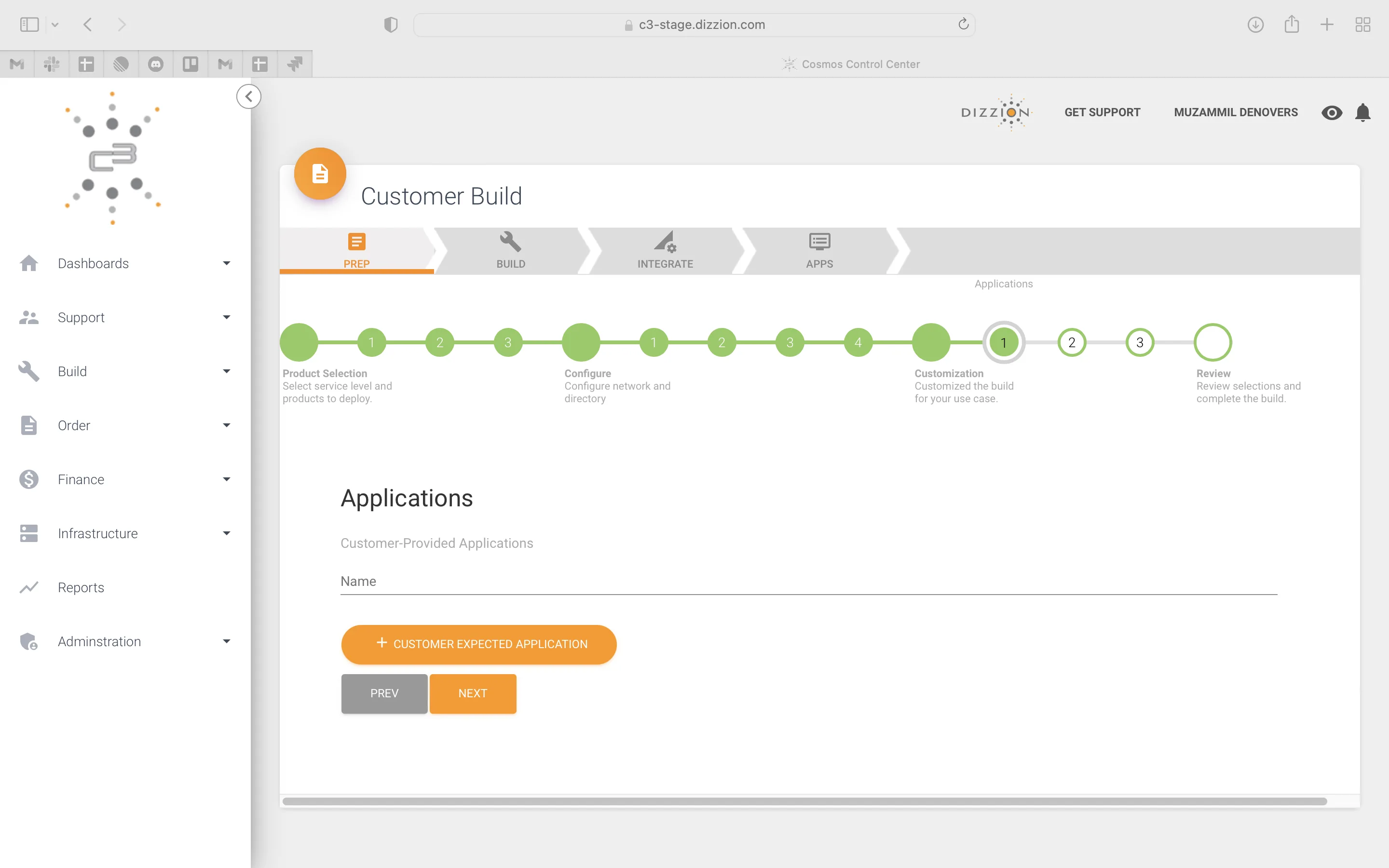 Before · Original Customer Build wizard with chevron PREP / BUILD / INTEGRATE / APPS stepper and bare Applications panel
