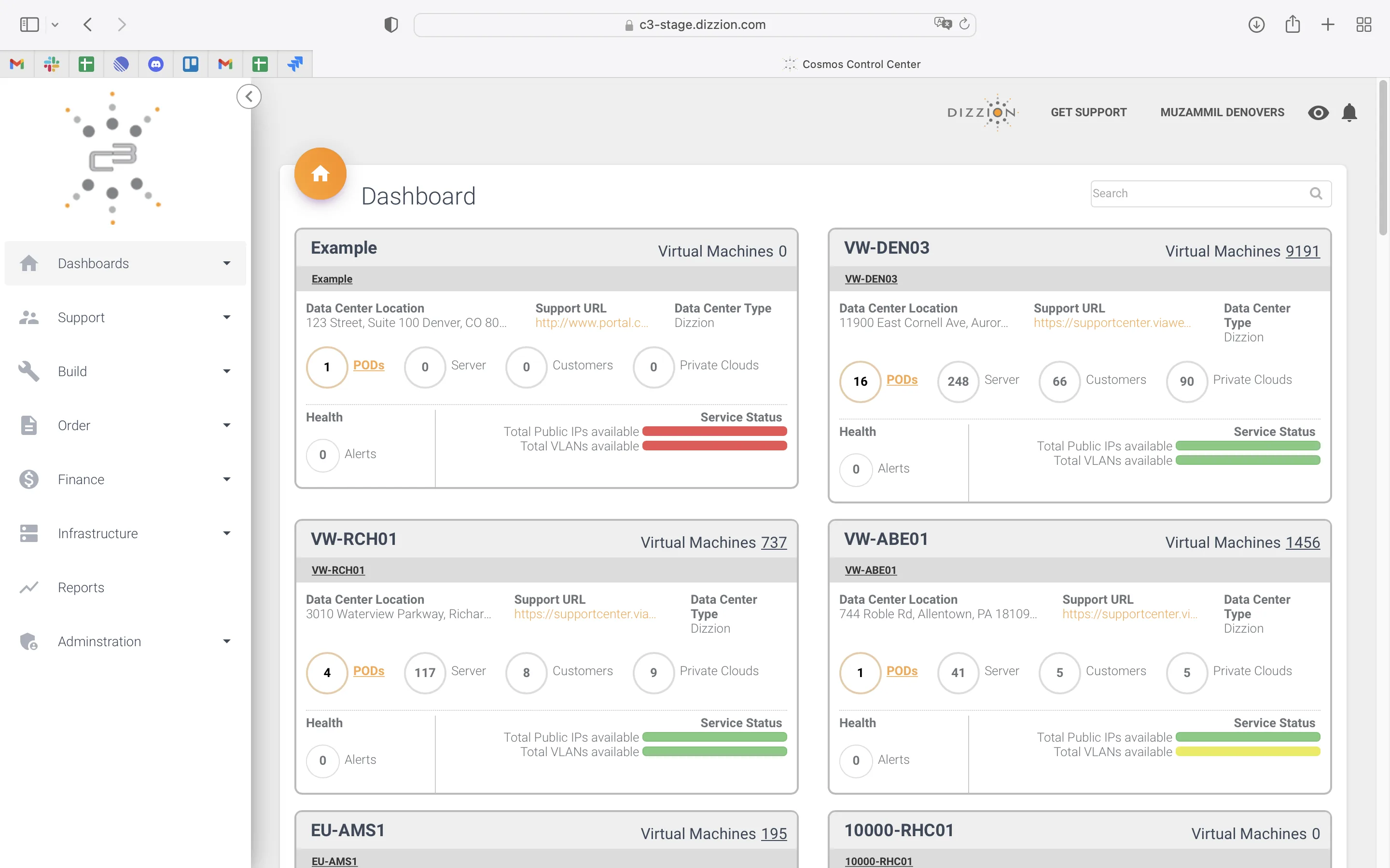 Before · C3 dashboard, equal-weight data-center cards stacked vertically, no map, no scope