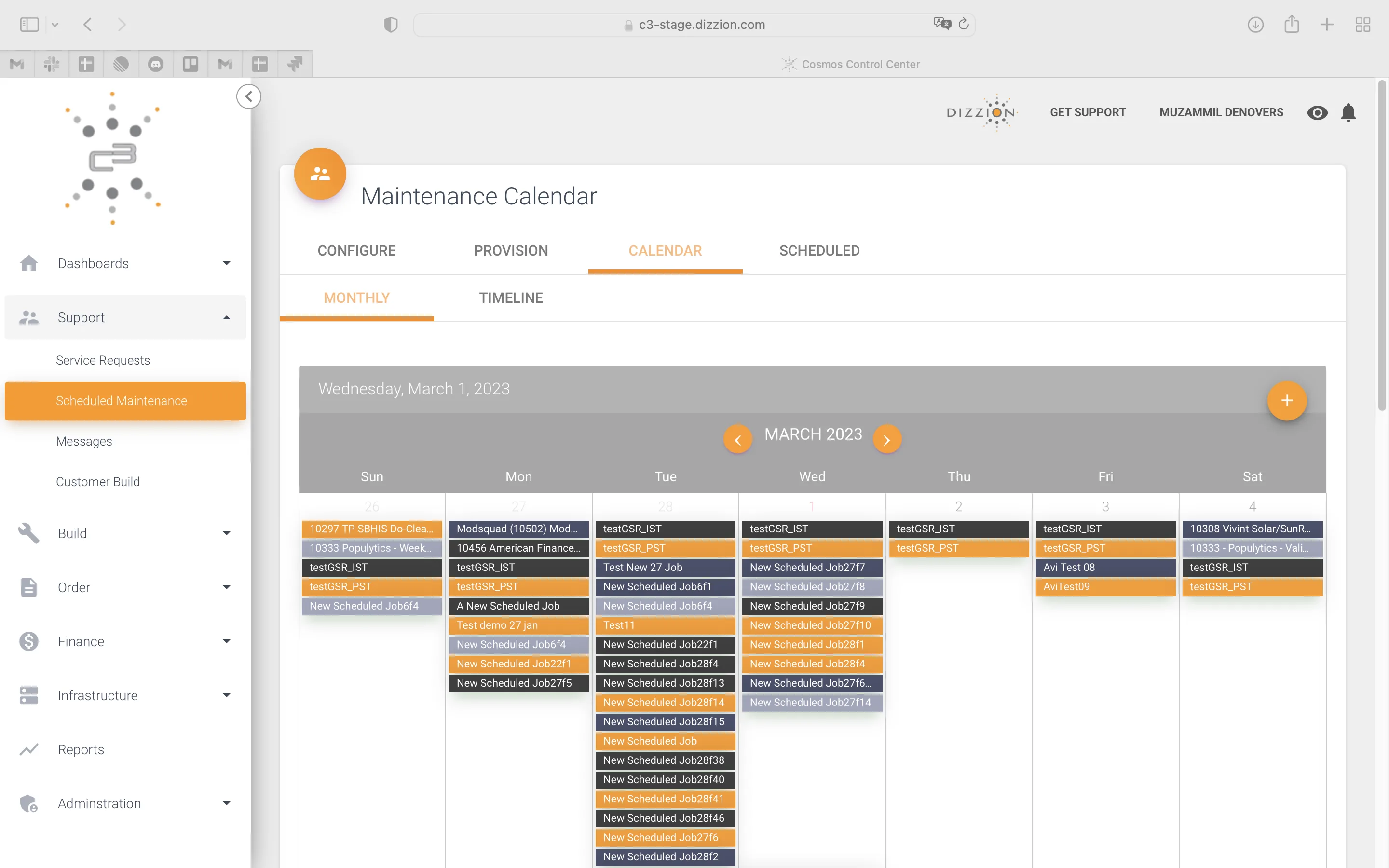 Before · Scheduled Maintenance Calendar with bright orange and dark event blocks jammed across days, no pacing or hierarchy