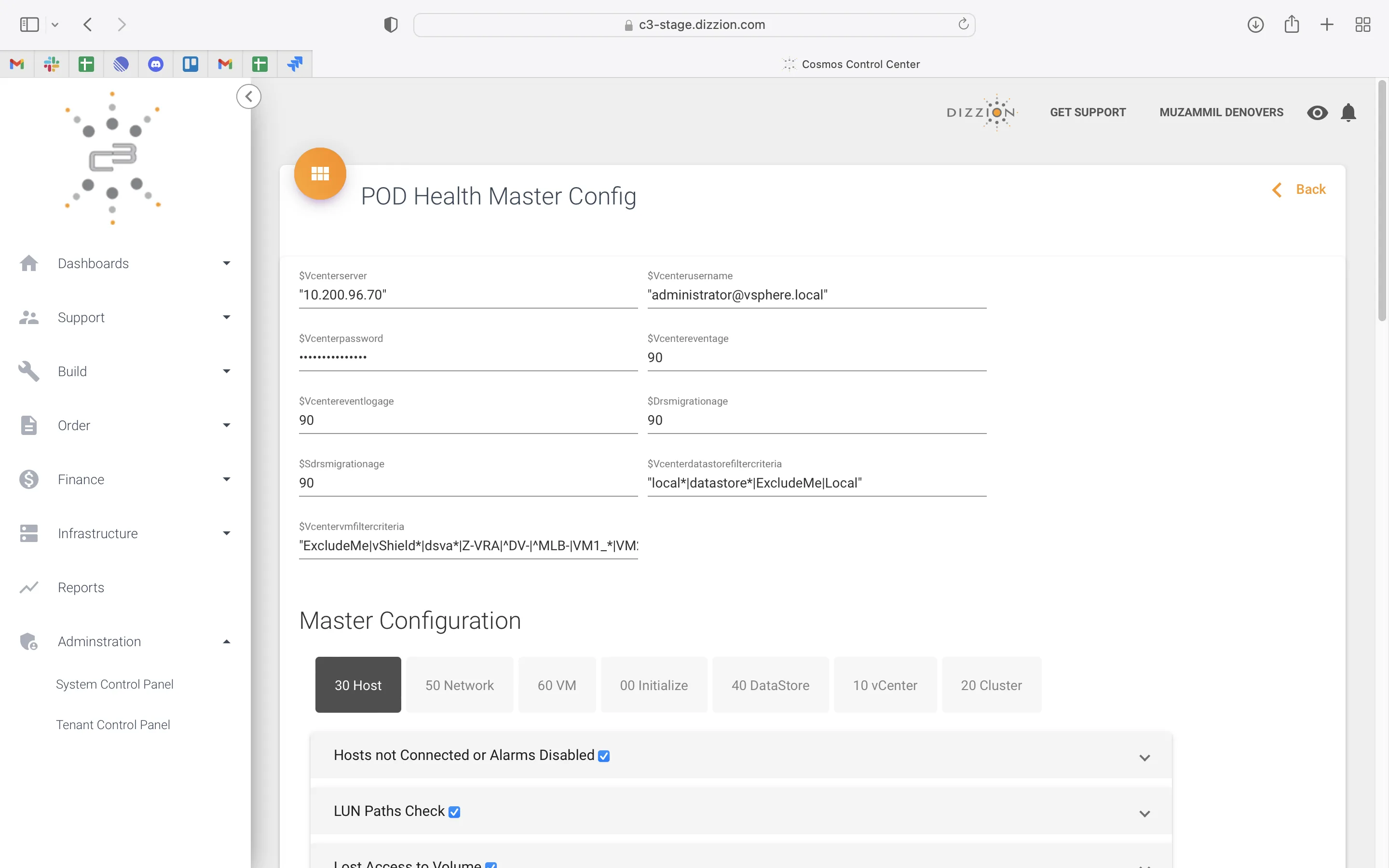 Before · POD Health Master Config exposing raw vSphere template variables as field labels